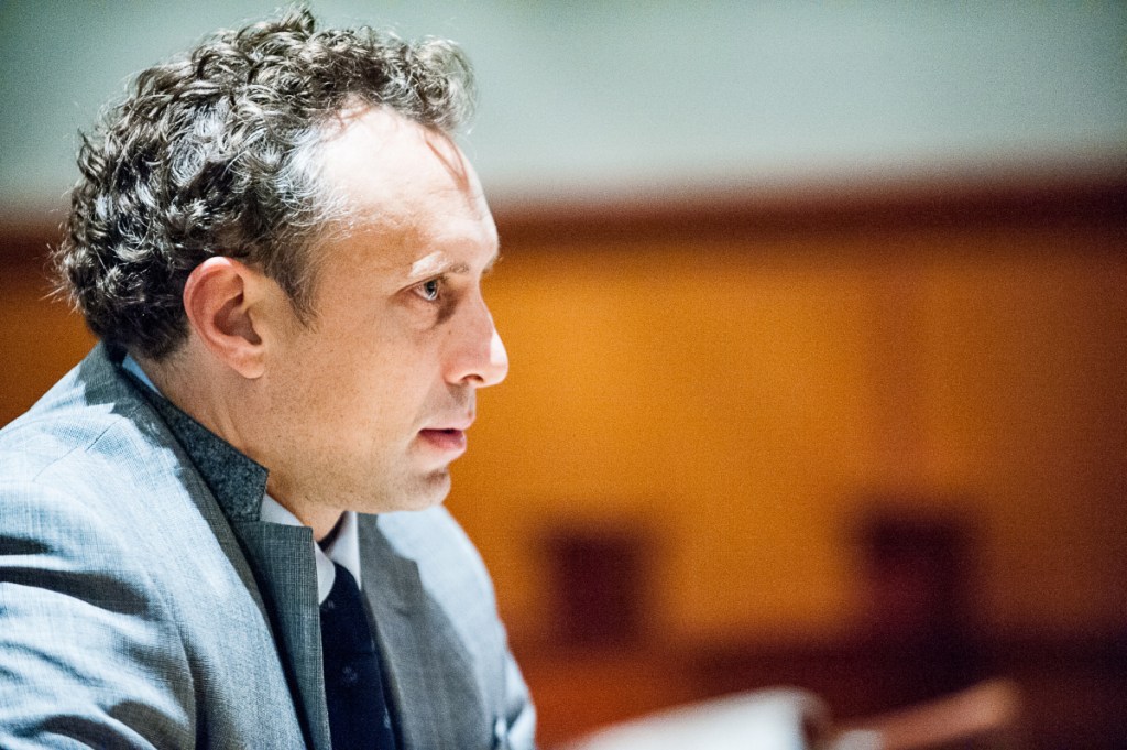 Suspended lawyer Seth Carey listens to proceedings Wednesday morning in Cumberland County Superior Court in Portland during his sanctions hearing.