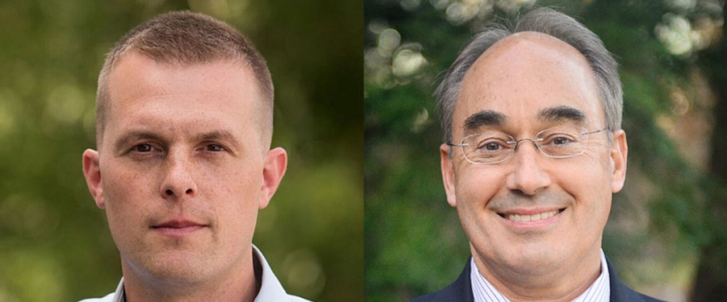 Democrat Jared Golden, left, hopes to unseat U.S. Rep. Bruce Poliquin, a Republican, in the Nov. 6 general election.