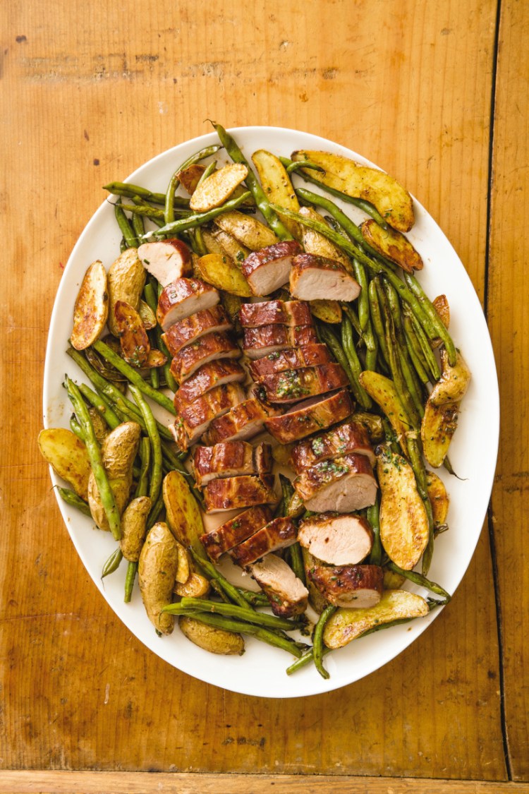 One-Pan Roast Pork Tenderloin with Green Beans and Potatoes serves four.