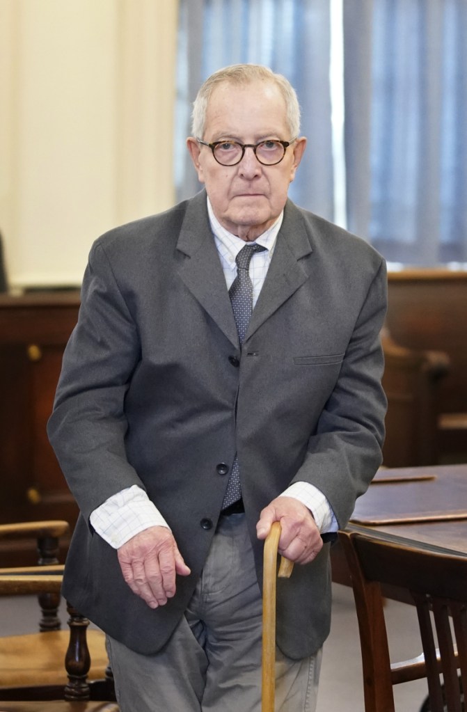 Ronald Paquin, 76, leaves York County Superior Court in Alfred on Thursday. In a split decision, the jury convicted him of 11 of 24 counts of gross sexual misconduct against one boy, but he was found not guilty of similar charges related to a second boy.