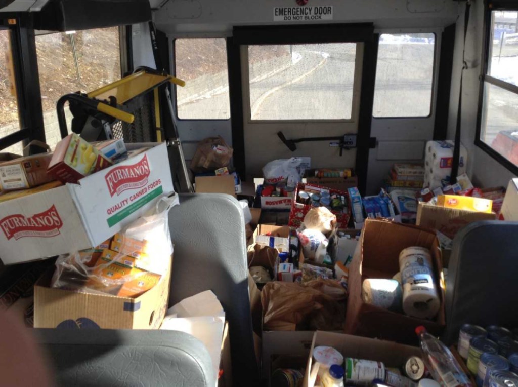 Food and miscellaneous items donated by Gardiner Regional Middle School students to be dropped off at the Chrysalis Place Food Pantry in Gardiner.