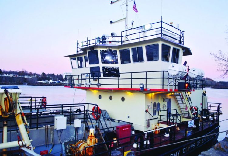 The U.S. Army Corps of Engineers' dredge Murden sits on the Saco River outside Rumery’s Boat Yard in Biddeford in November 2017. LIZ GOTTHELF/Journal Tribune 