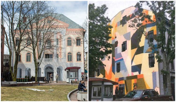 The image at right depicts the mural designed by Will Sears that will replace the trompe l'oeil mural at left, painted on the building at 80 Exchange St. by Scarborough artist Chris Denison in 1986.