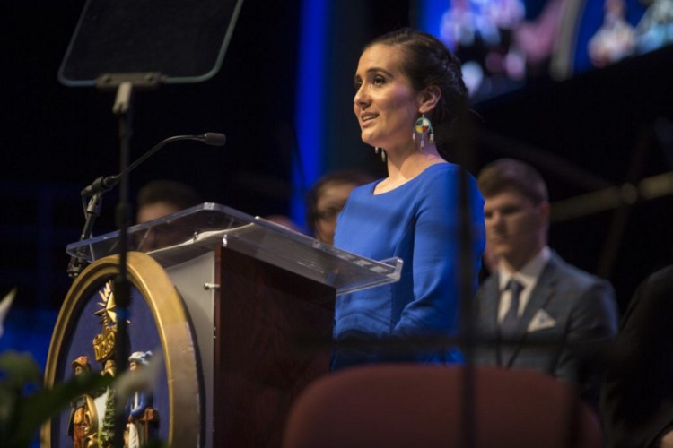 Maulian Dana, the tribal ambassador for the Penobscot Nation, speaks Jan. 6 before the inauguration of Gov. Janet Mills at the Augusta Civic Center. Dana thanked Mills for her support of an effort to remove the "Indians" nickname from Skowhegan Area High School sports teams.