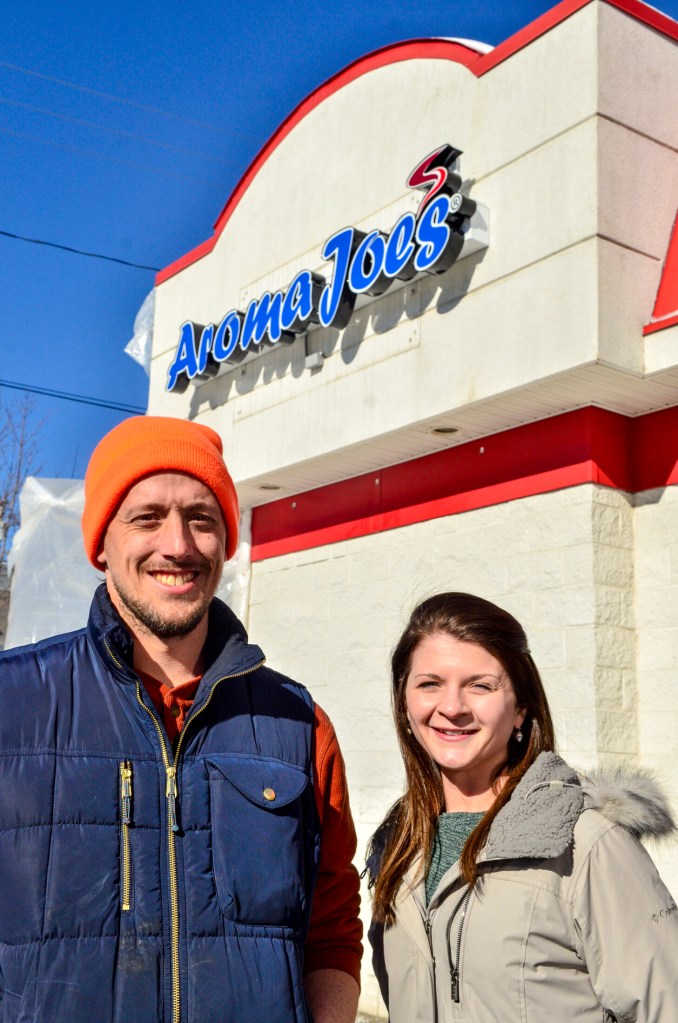 Kennebec Journal photo by Joe Phelan
Steve Pracher, left, and Jessica Pray at the Aroma Joe's under construction on Jan. 31 in Augusta.