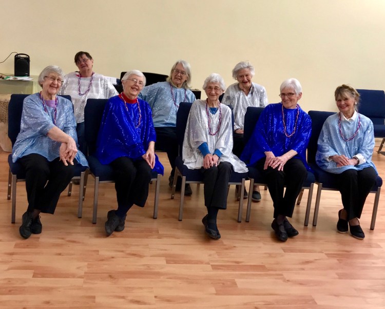 Hearts Ever Young chair tap cast members, front from left, are Carolyn Gray, Jeanne Hunter, Lila Blechman, Melba Boynton and Viola
    Glendinning.  Back from left are Dianne Davis, Ann Harrison and Ann Guild.  Wendy Wood is not pictured.