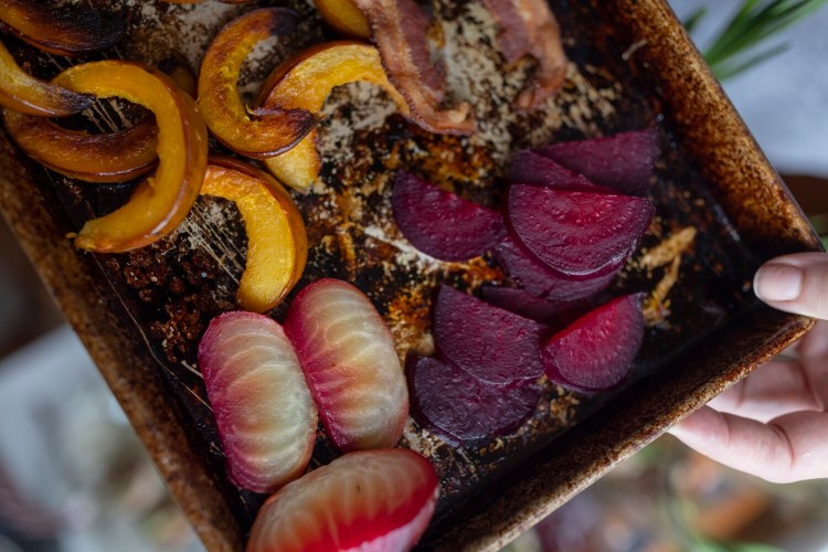 Roasted candy stripe beets, left bottom corner, as well as winter squash and ordinary beets, prepped for Winter Cobb Salad.