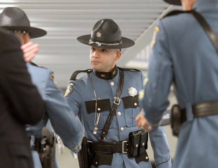 Maine State Trooper Mickael Nunez on July 28, 2021, at the Maine Criminal Justice Academy in Vassalboro. Despite suffering an amputation of his right leg, Nunez has returned to work as a state trooper patrolling Kennebec County by meeting the agency's fitness standards. 