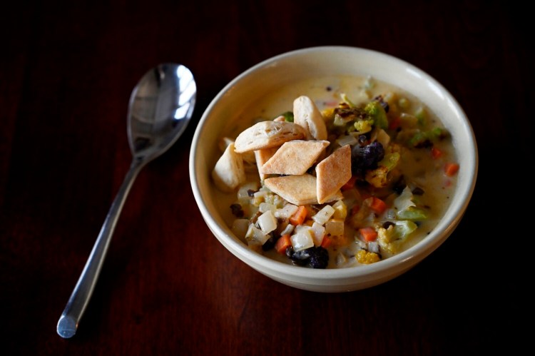  A bowl of Roasted Cauliflower Chowder with Chowder Crackers 