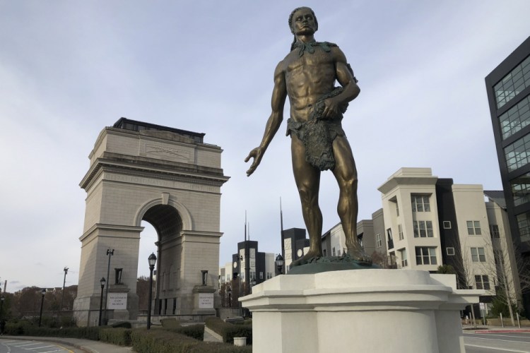 A statue depicting Chief Tomochichi, a Muscogee native who signed the 1733 Treaty of Savannah that launched the Georgia colony, pictured here on Dec. 20 in its temporary location outside Atlanta's Millennium Gate Museum. 

